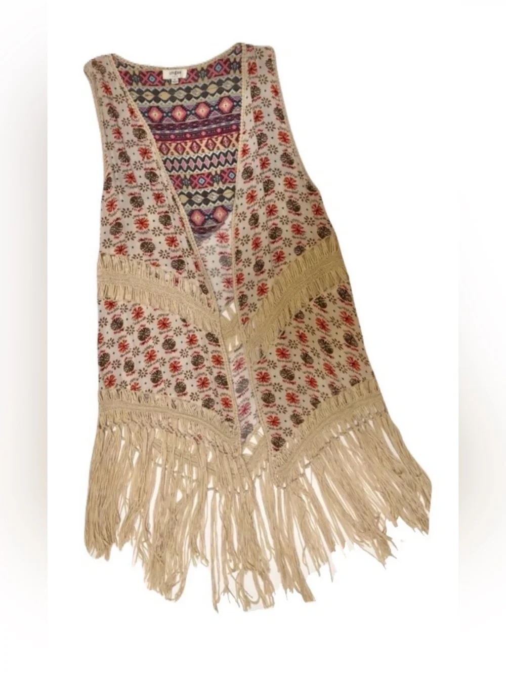 Umgee Boho Aztec Fringe Long Duster Vest Crochet Trim Plus Size 1XL - Picture 8 of 16